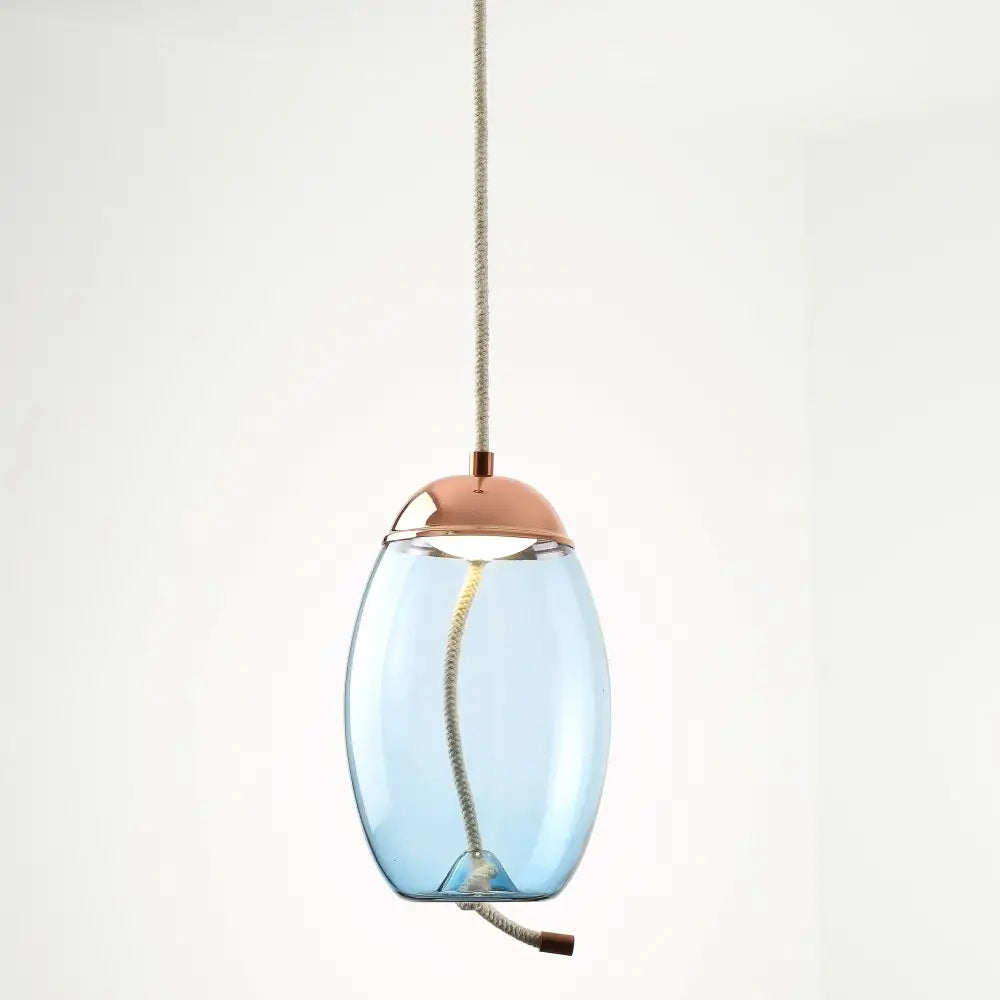 Sleek smoked glass led chandelier pendant light with translucent blue glass and copper metal cap for living room lighting