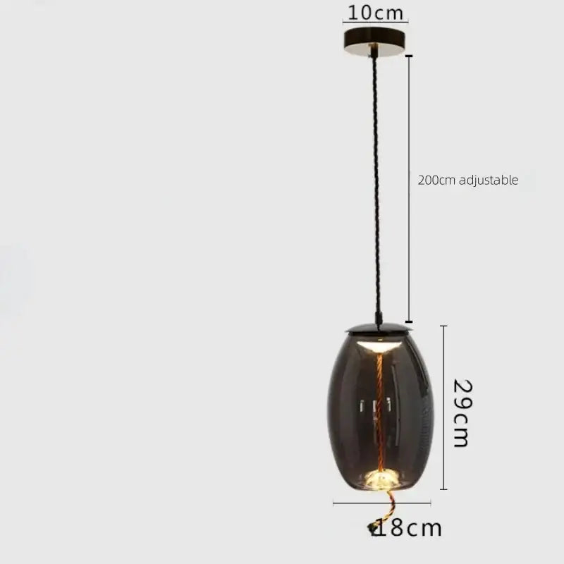 Dark smoked glass led chandelier pendant light with visible filament bulb and black braided cord for living room