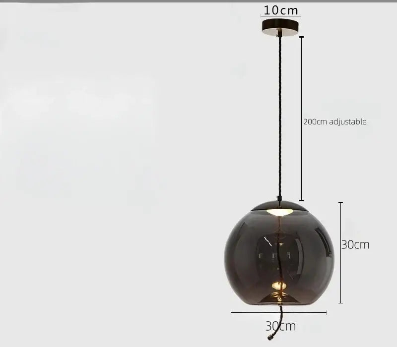 Sleek dark smoked glass led chandelier pendant light with 30cm globe and adjustable 200cm cord for living room