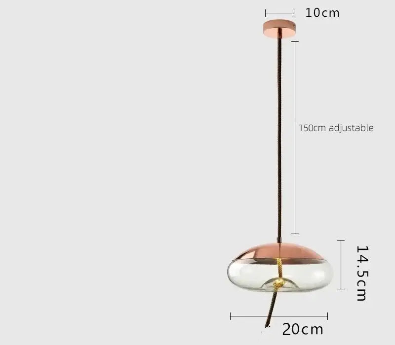 Copper-toned glass led chandelier with clear dome and adjustable black cord for sleek living room lighting