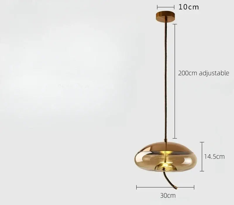 A sleek modern living room pendant light with gold finished glass led chandelier and matching circular ceiling mount
