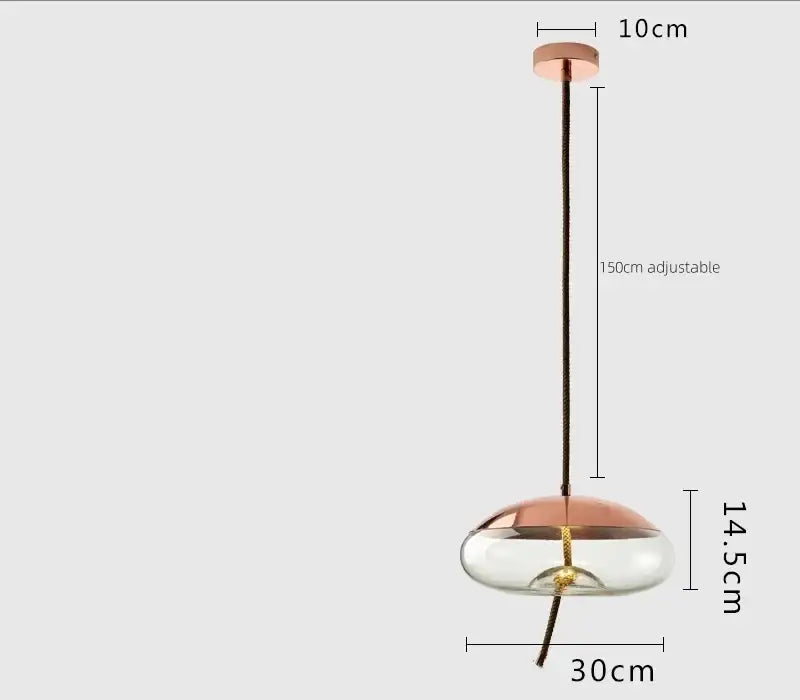 A modern copper-finished glass led chandelier with a clear dome and adjustable black cord for living rooms