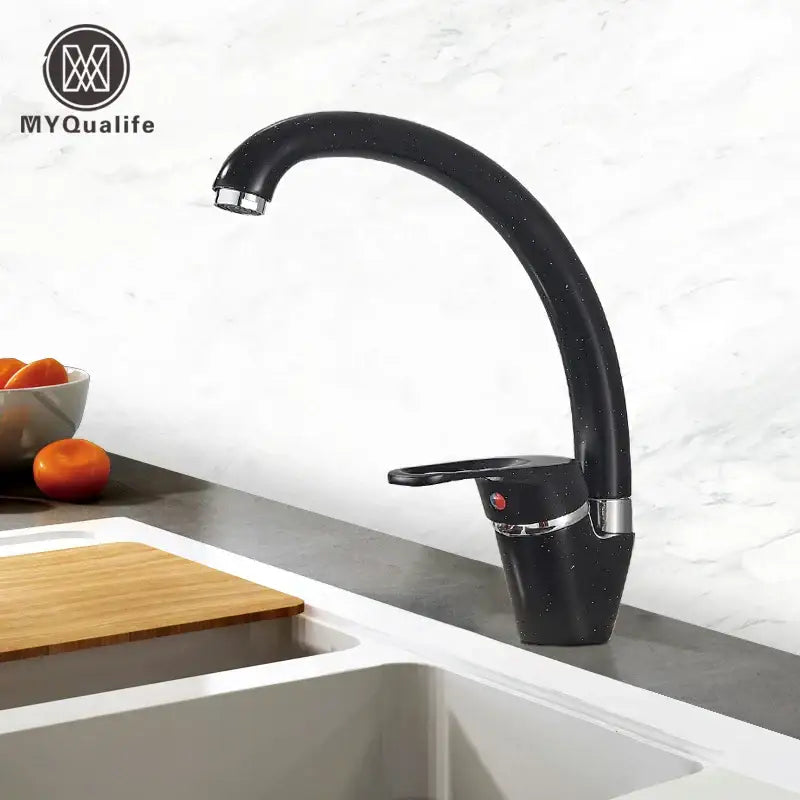 Sleek speckled black and chrome single handle kitchen faucet with curved spout for decorbites black single use