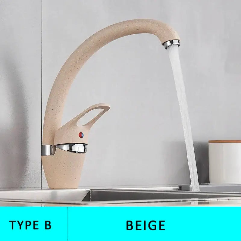 Beige ceramic single handle kitchen faucet with sleek curved spout and polished chrome accents by decorbites black single
