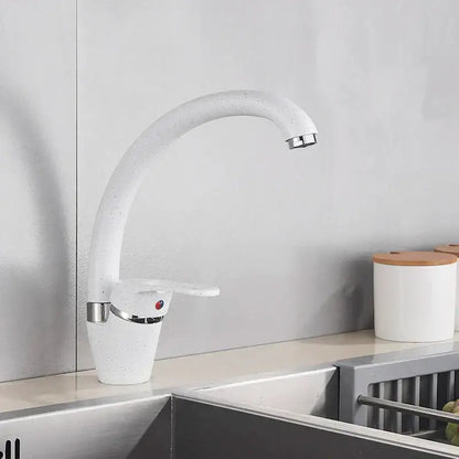 Sleek speckled black and chrome single handle kitchen faucet with white speckled curved spout decorbites black single