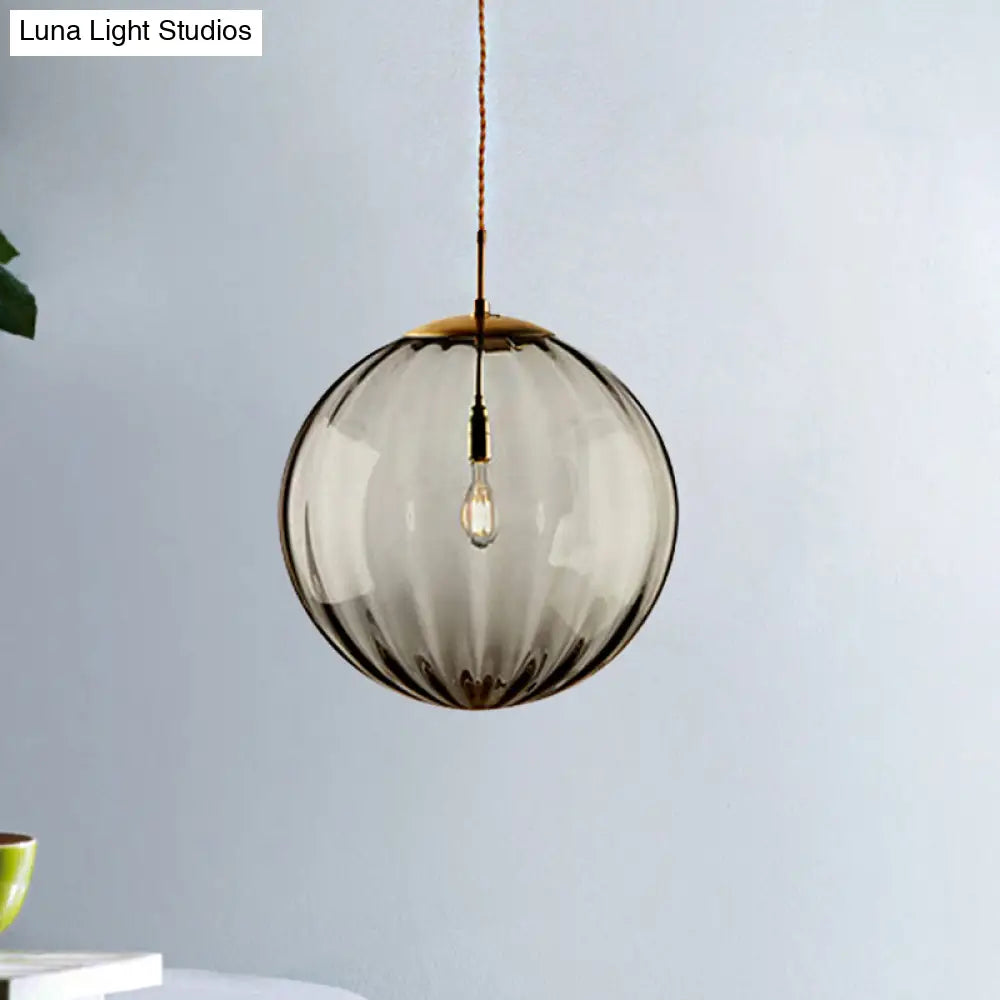 Sleek Sphere Pendant Light: Modern Blue/Purple/Smoky Ribbed Glass, LED Ceiling Lamp for Bedroom