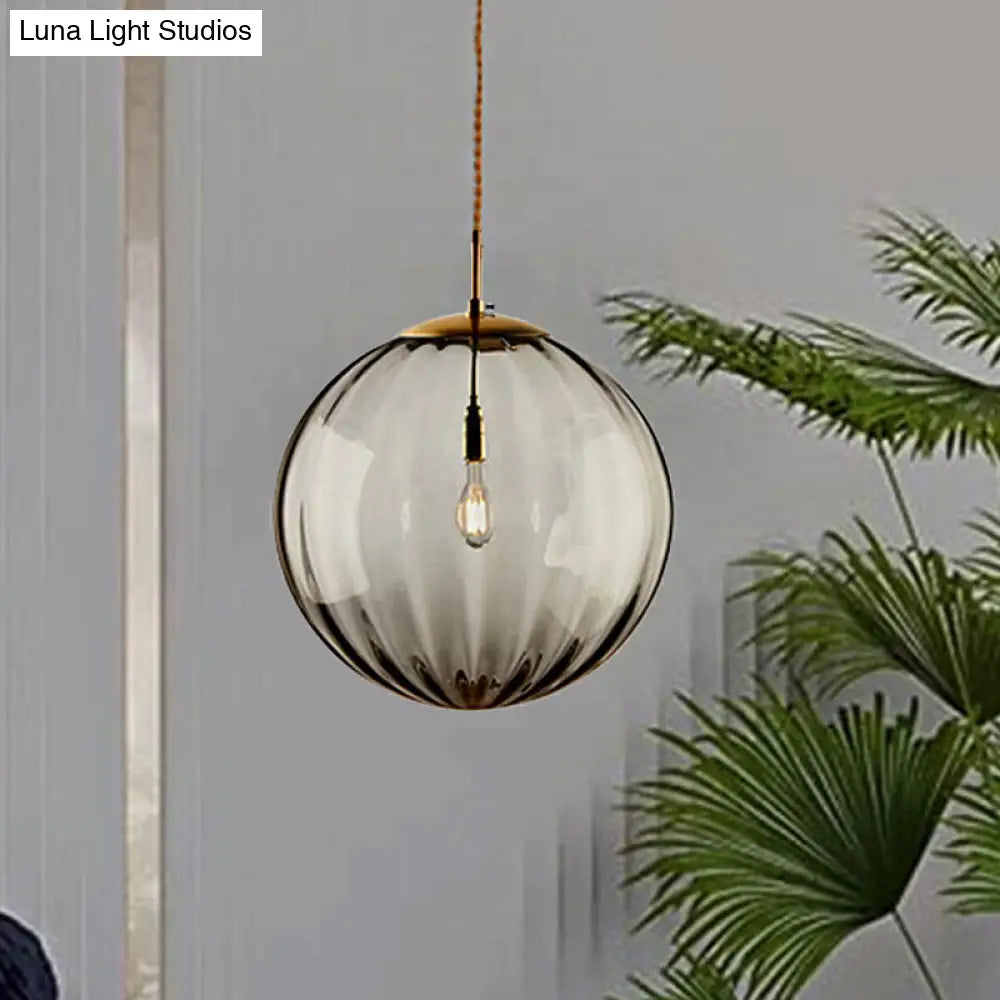 Sleek Sphere Pendant Light: Modern Blue/Purple/Smoky Ribbed Glass, LED Ceiling Lamp for Bedroom