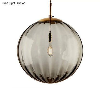 Sleek Sphere Pendant Light: Modern Blue/Purple/Smoky Ribbed Glass, LED Ceiling Lamp for Bedroom