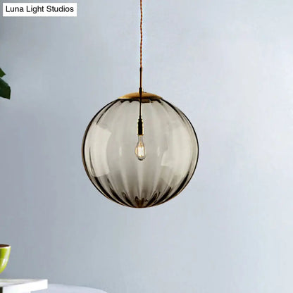 Sleek Sphere Pendant Light: Modern Blue/Purple/Smoky Ribbed Glass, LED Ceiling Lamp for Bedroom