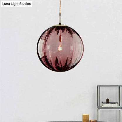 Sleek Sphere Pendant Light: Modern Blue/Purple/Smoky Ribbed Glass, LED Ceiling Lamp for Bedroom