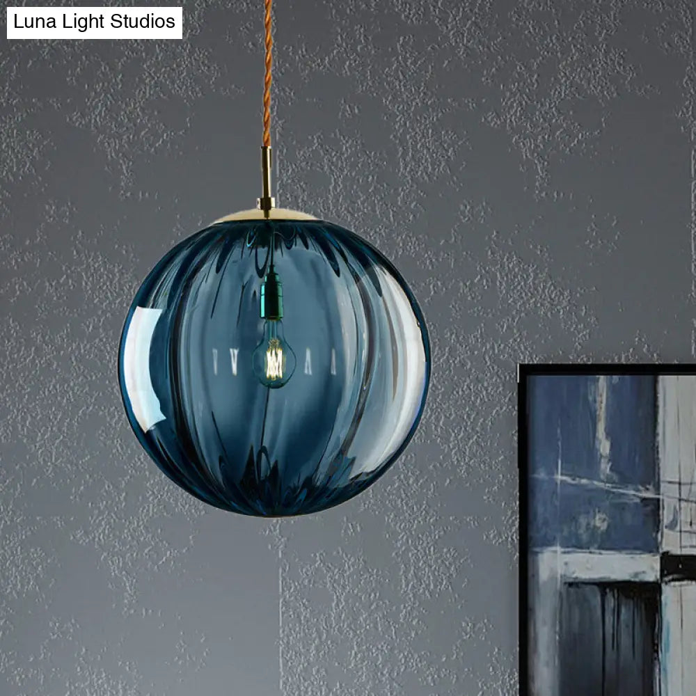 Sleek Sphere Pendant Light: Modern Blue/Purple/Smoky Ribbed Glass, LED Ceiling Lamp for Bedroom