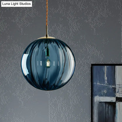 Sleek Sphere Pendant Light: Modern Blue/Purple/Smoky Ribbed Glass, LED Ceiling Lamp for Bedroom