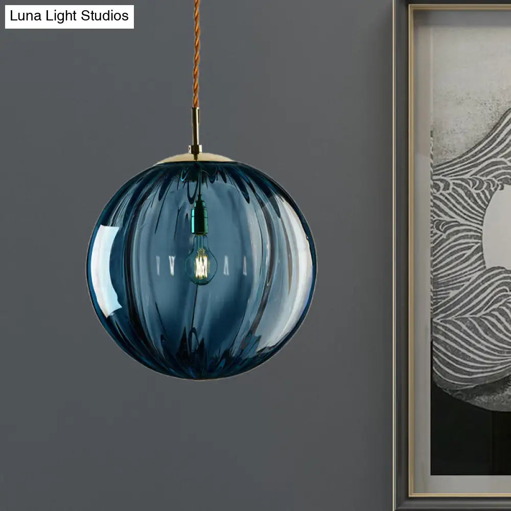 Sleek Sphere Pendant Light: Modern Blue/Purple/Smoky Ribbed Glass, LED Ceiling Lamp for Bedroom