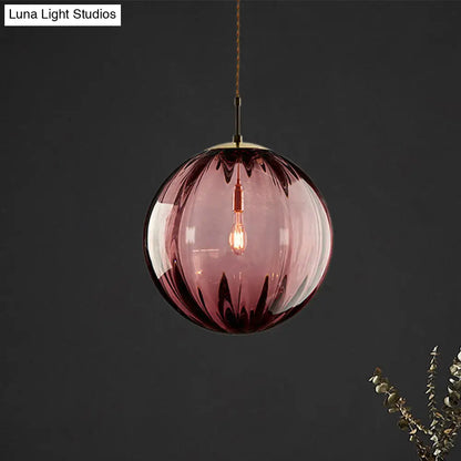 Sleek Sphere Pendant Light: Modern Blue/Purple/Smoky Ribbed Glass, LED Ceiling Lamp for Bedroom