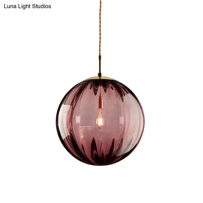 Sleek Sphere Pendant Light: Modern Blue/Purple/Smoky Ribbed Glass, LED Ceiling Lamp for Bedroom