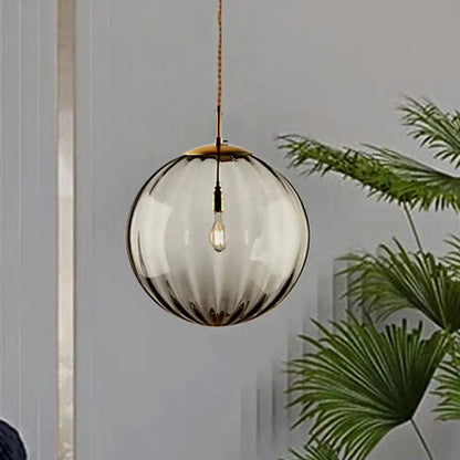 Sleek Sphere Pendant Light: Modern Blue/Purple/Smoky Ribbed Glass, LED Ceiling Lamp for Bedroom