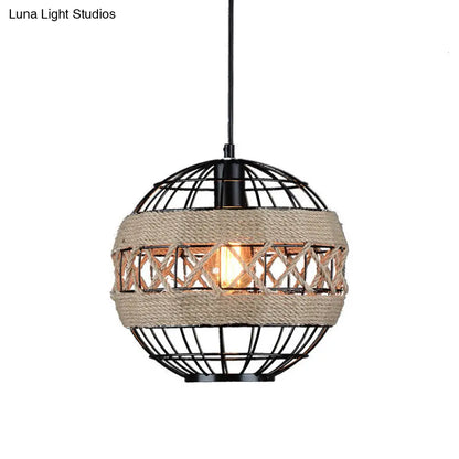 Sleek Sphere Pendant Light with Metal Frame and Rope Detail - Rustic 1-Light, Black