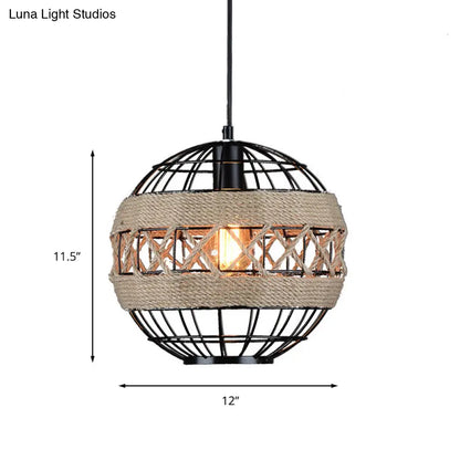 Sleek Sphere Pendant Light with Metal Frame and Rope Detail - Rustic 1-Light, Black