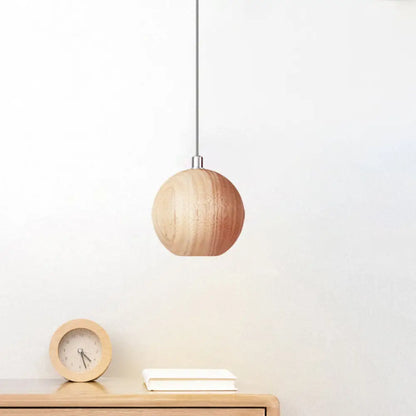 Sleek Sphere Wood Drop Pendant Light - Beige LED Ceiling Lamp for Study Room