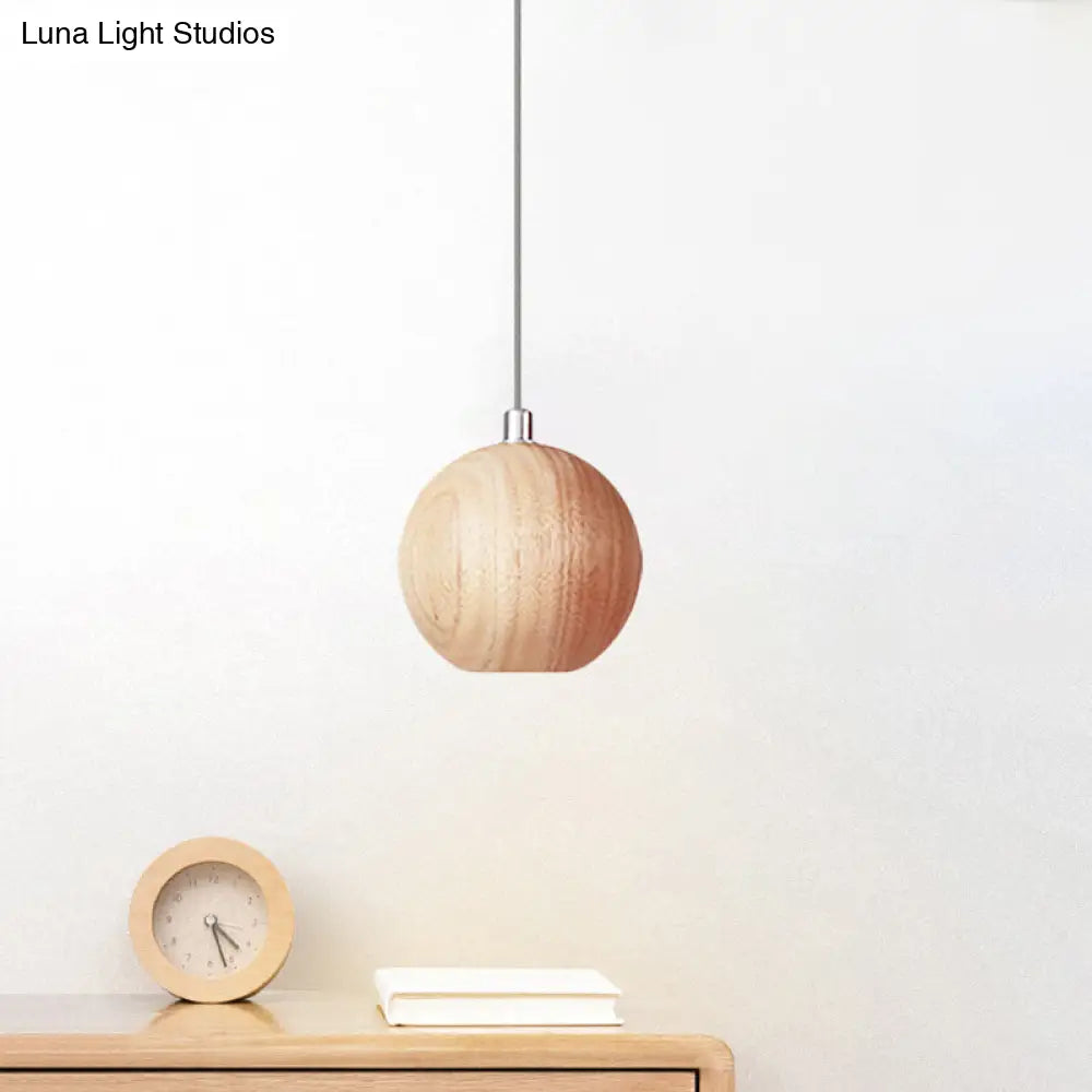 Sleek Sphere Wood Drop Pendant Light - Beige LED Ceiling Lamp for Study Room