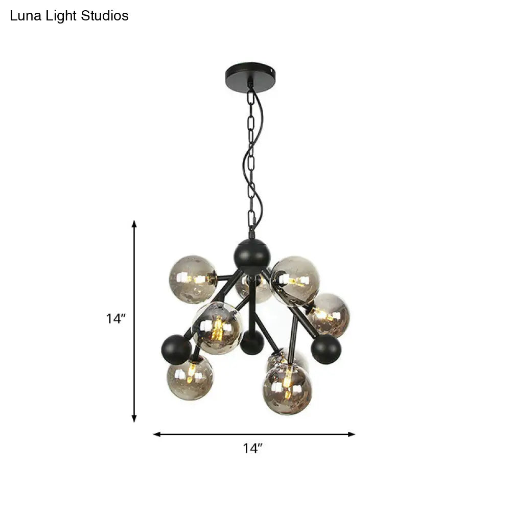 Lámpara de araña esférica elegante: cristal gris ahumado modernista, 9 luces, ideal para dormitorio.