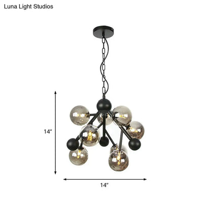 Lámpara de araña esférica elegante: cristal gris ahumado modernista, 9 luces, ideal para dormitorio.