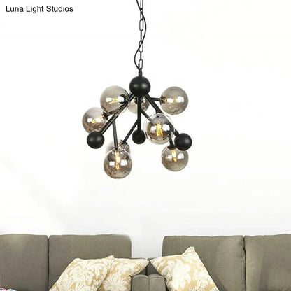 Lámpara de araña esférica elegante: cristal gris ahumado modernista, 9 luces, ideal para dormitorio.