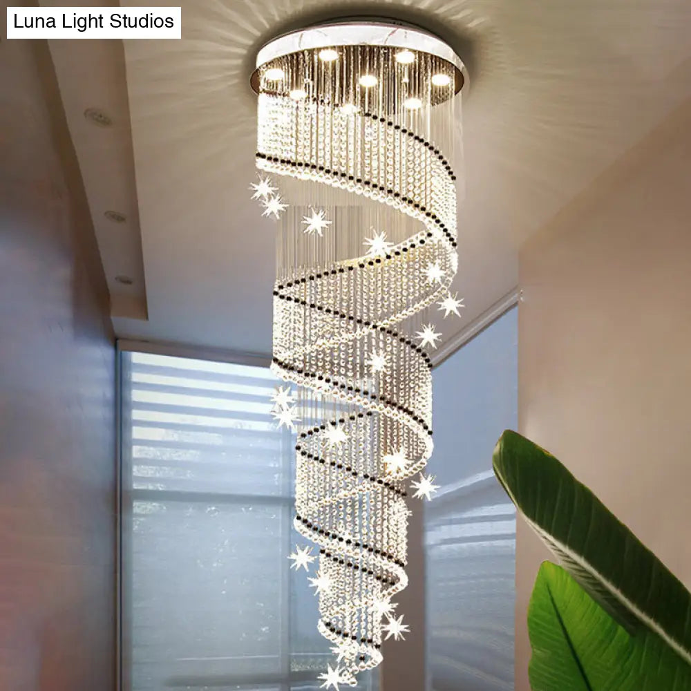 Sleek Spiral Multi Ceiling Light - 4 Clear Crystal Bead Suspension Heads for Stair