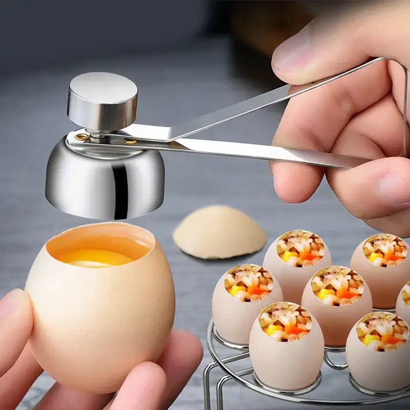 Shiny stainless steel egg separator tool from sleek stainless steel egg topper set for precise kitchen use