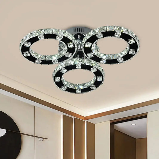 DecorBites™ DecorBites™ Sleek Stainless-Steel LED Ceiling Light with Cur Crystal Shade - 3-Ring Semi Mount Fixture