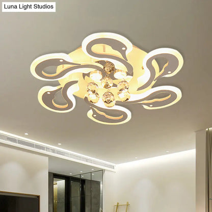 DecorBites™ DecorBites™ Sleek Swan Shape Semi Mount LED Flush Ceiling Lamp with Crystal Droplet - Modern Acrylic, 6-Heads, White Finish