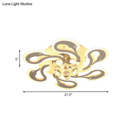 DecorBites™ DecorBites™ Sleek Swan Shape Semi Mount LED Flush Ceiling Lamp with Crystal Droplet - Modern Acrylic, 6-Heads, White Finish