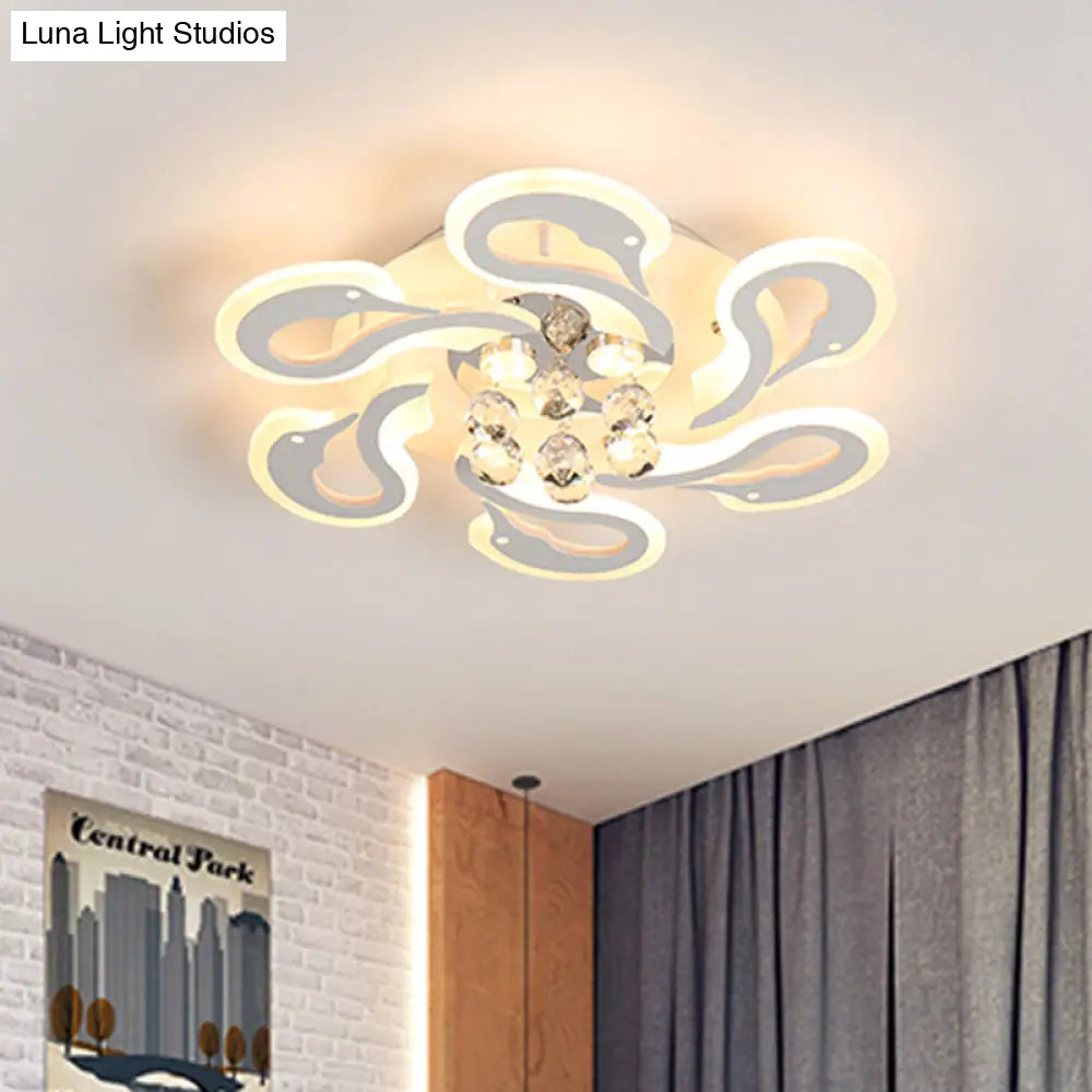 DecorBites™ DecorBites™ Sleek Swan Shape Semi Mount LED Flush Ceiling Lamp with Crystal Droplet - Modern Acrylic, 6-Heads, White Finish