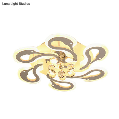 DecorBites™ DecorBites™ Sleek Swan Shape Semi Mount LED Flush Ceiling Lamp with Crystal Droplet - Modern Acrylic, 6-Heads, White Finish