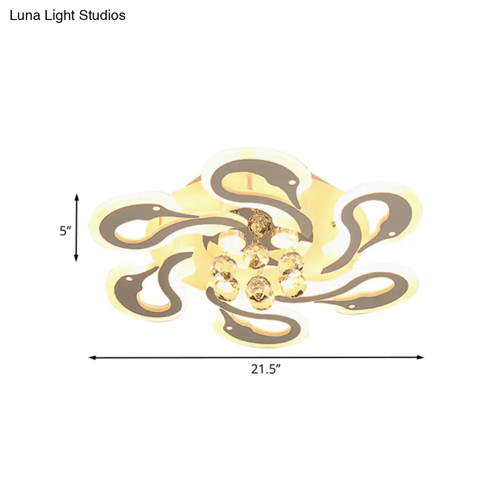 DecorBites™ DecorBites™ Sleek Swan Shape Semi Mount LED Flush Ceiling Lamp with Crystal Droplet - Modern Acrylic, 6-Heads, White Finish