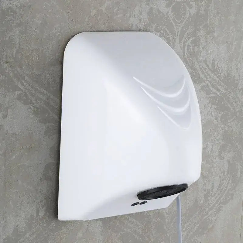Sleek white plastic wall-mounted automatic hand dryer with curved design and wave-like embossing for bathroom use