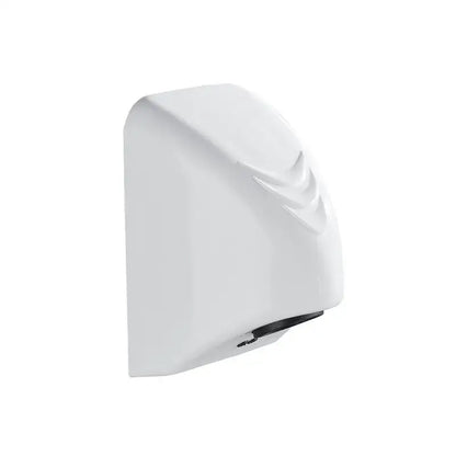 Sleek white automatic hand dryer with a smooth glossy finish and curved design wall mounted for bathroom use