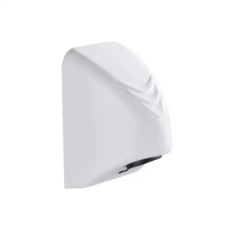 Sleek white automatic hand dryer with a smooth glossy finish and curved design wall mounted for bathroom use