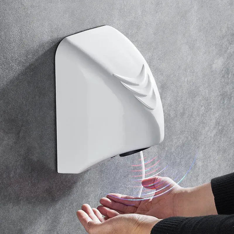Sleek white automatic hand dryer with modern curved design and embossed logo wall mounted for bathroom use