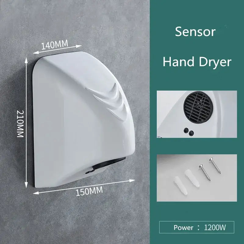 Sleek white automatic hand dryer with modern design and smooth plastic finish for bathroom wall mount use