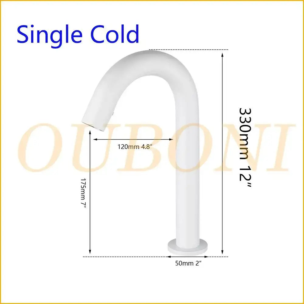 Sleek white automatic sensor bathroom faucet with curved design single cold spout and cylindrical base