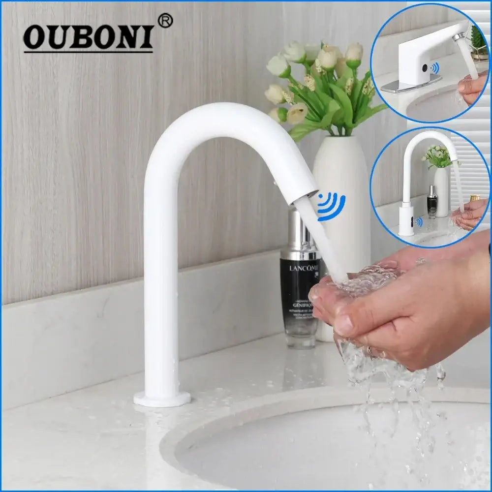 Sleek white automatic sensor bathroom faucet with curved design and wireless sensor technology by Ouboni