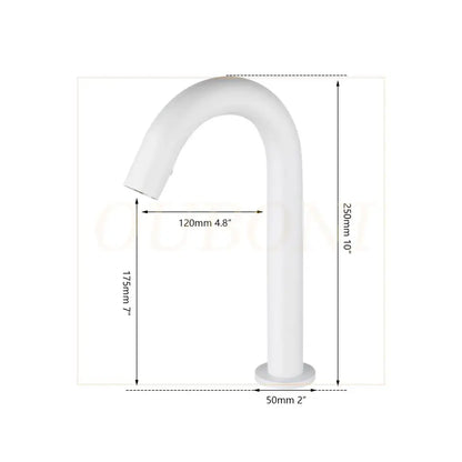 A sleek white ceramic automatic sensor bathroom faucet with curved spout and cylindrical base for modern use
