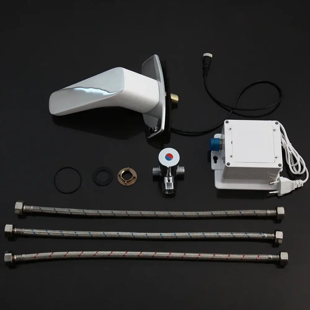 Chrome finished sensor bathroom faucet with sleek angular design and integrated automatic sensor technology