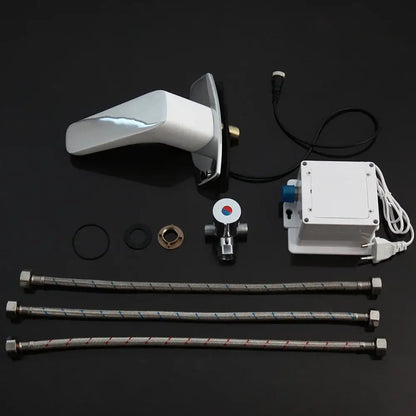 Chrome finished sensor bathroom faucet with sleek angular design and integrated automatic sensor technology