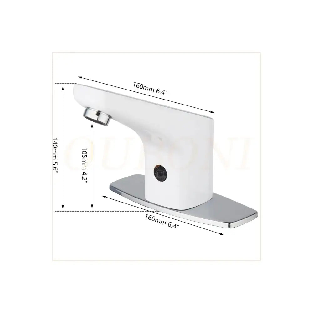 Sleek white automatic sensor bathroom faucet with curved design and chrome finish base in ceramic material