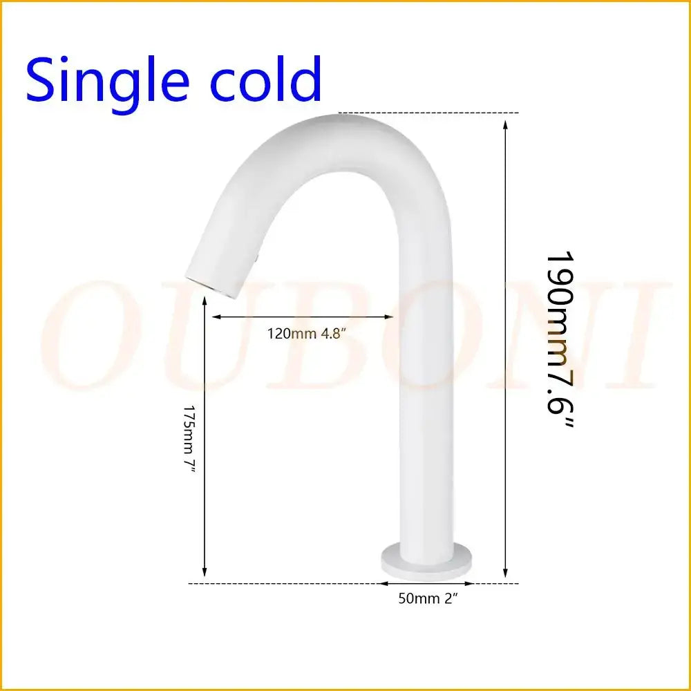 White single cold automatic sensor bathroom faucet with sleek curved spout and cylindrical base design
