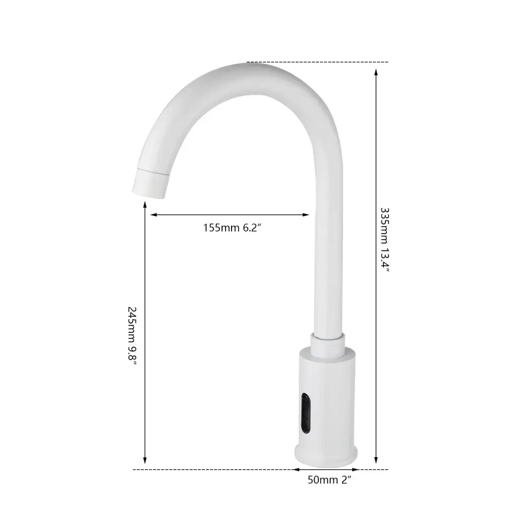 Sleek white automatic sensor bathroom faucet with curved design and cylindrical base for touchless use