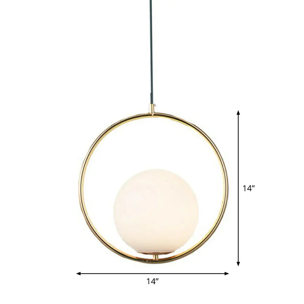 Sleek White Glass Hanging Pendant Light with Brass Metal Ring – Post-Modern Design