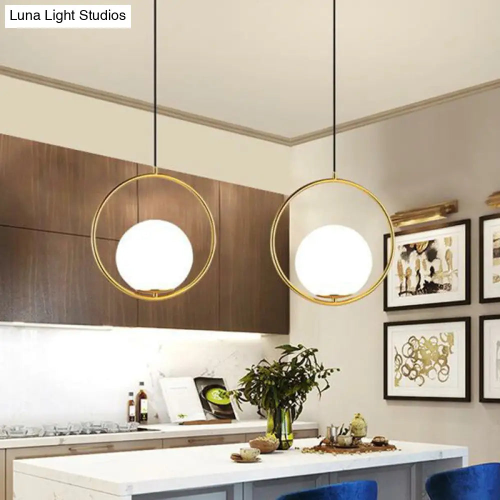 Sleek White Glass Hanging Pendant Light with Brass Metal Ring – Post-Modern Design